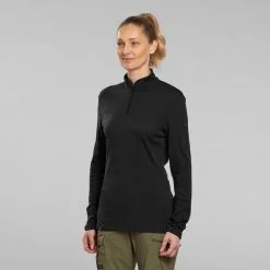 Camiseta Montaña Y Trekking Lana Merina Mujer Forclaz Trek 500 Negro
